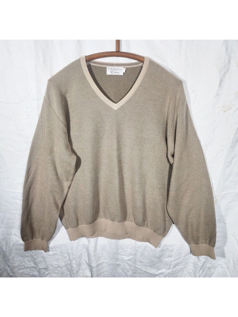 ST CROIX Knits for Taffy's sz L cotton microfiber beige v-neck sweater
